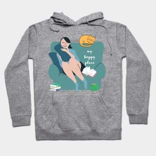 My Happy Place Is With My Cat and Books Introvert Gift Hoodie